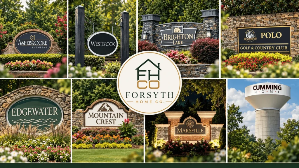 Collage of Forsyth County neighborhood entrance signs with the Forsyth Home Co. logo